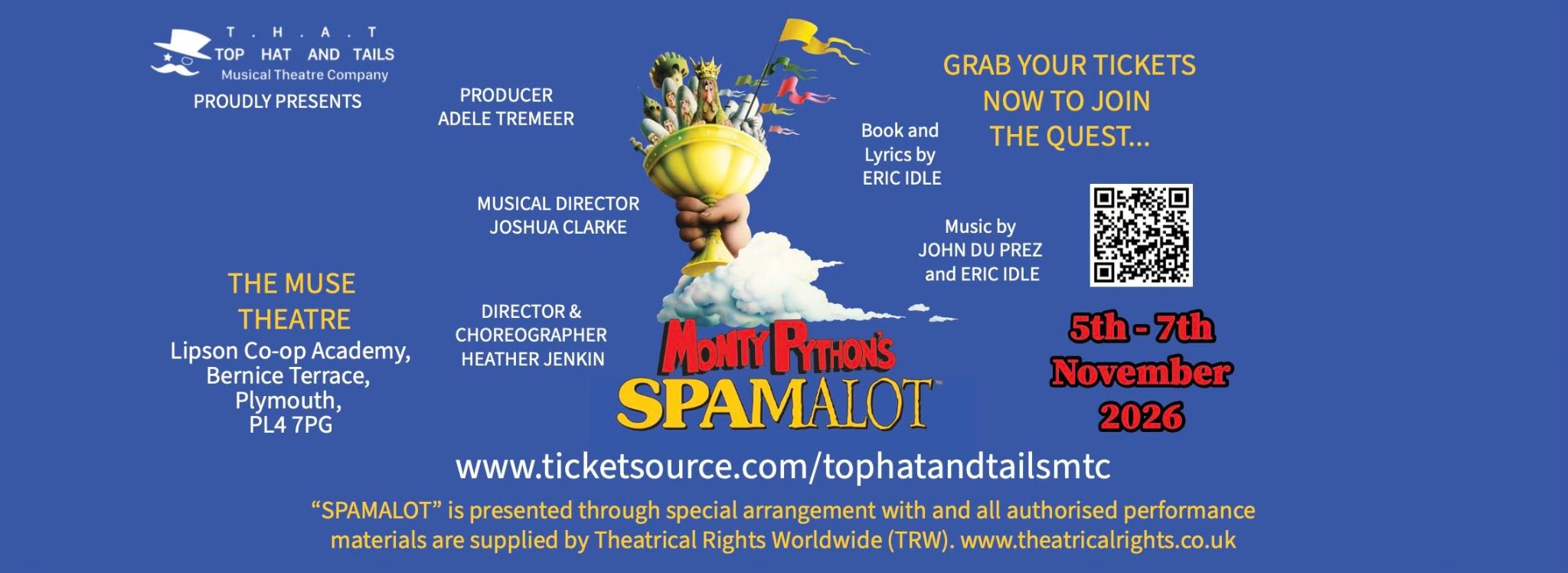 Spamalot at The Muse Theatre, 5–7 November 2026: full production and booking poster
